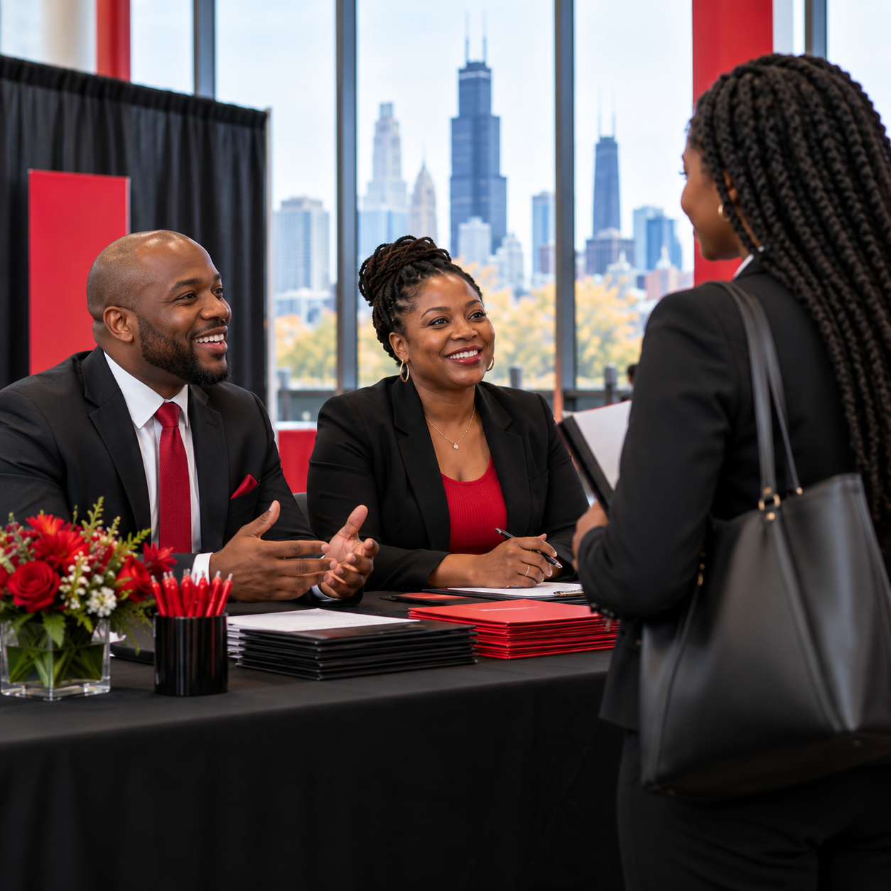 Two employers at a recruiting table speaking with a job seeker at a Chicago job fair
