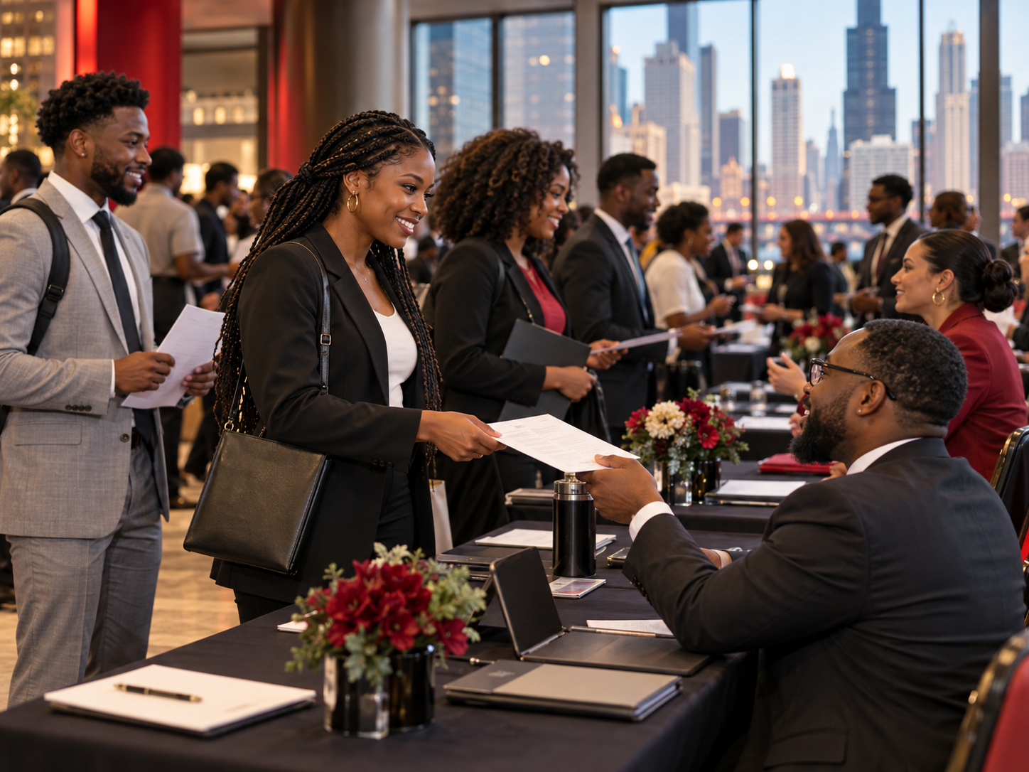 Job seeker presenting a résumé to an employer representative