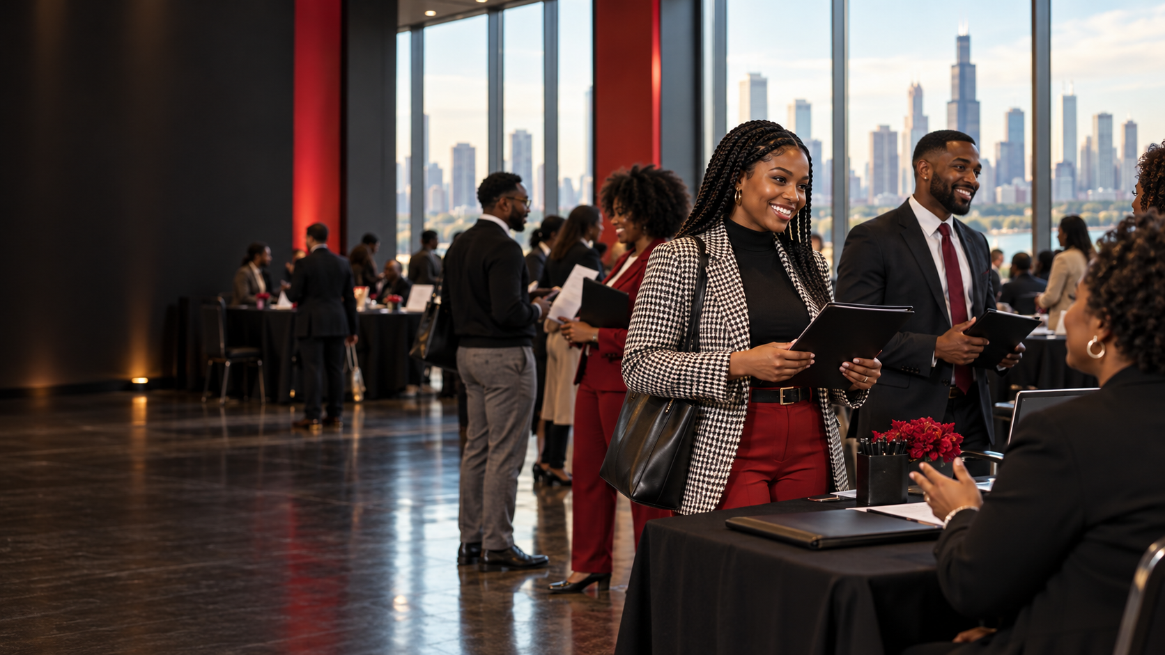 Black job seekers speaking with recruiters at a professional career fair