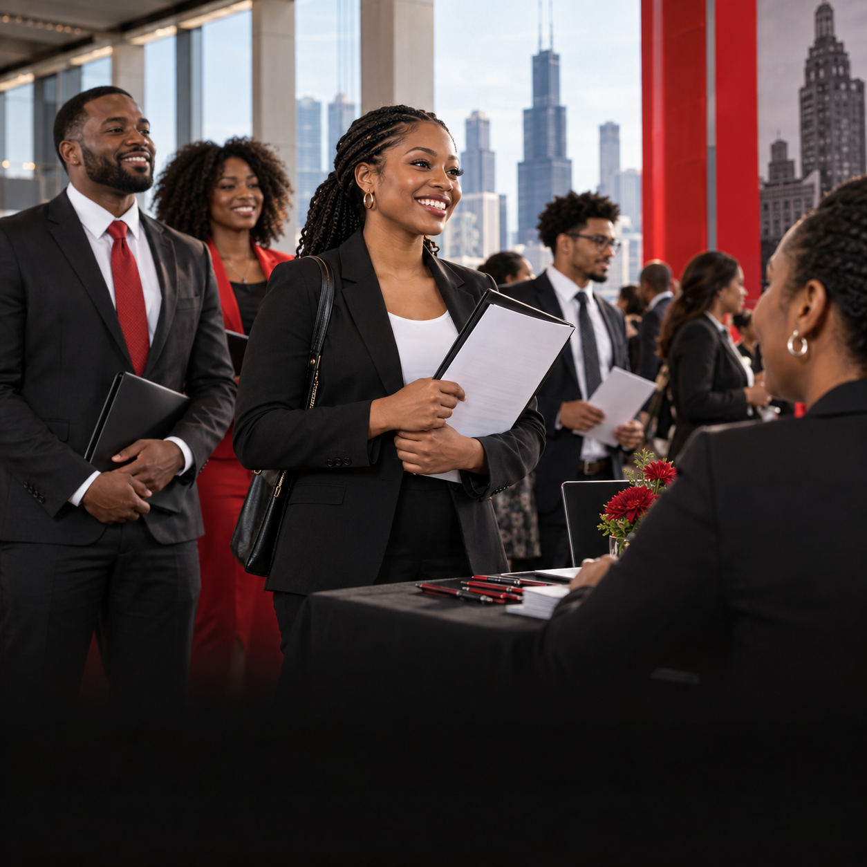 Prepared job seekers meeting recruiters at a Chicago career fair